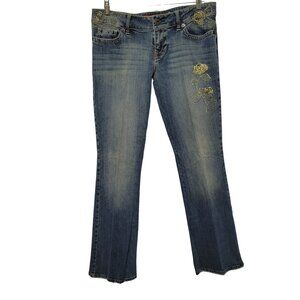 Guess Womens Size 32 Jeans Denim Embroidered Gold Roses Bootcut Factory Fade